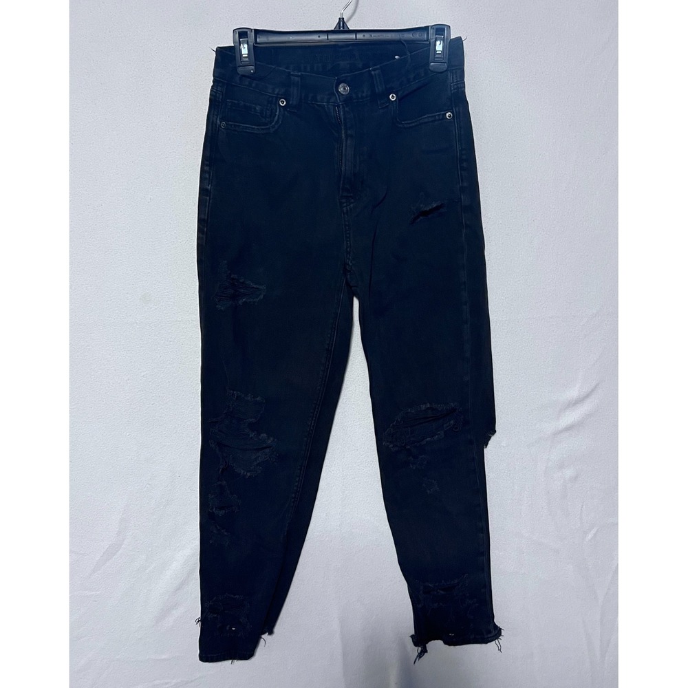 American Eagle Black Distressed Mom Jeans High Waisted Frayed Hem Size 4 Regular